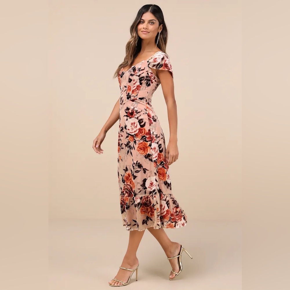 Lulus Composed Beauty Blush Pink Burnout Velvet Floral Midi Dress, NWT - Picture 16 of 16